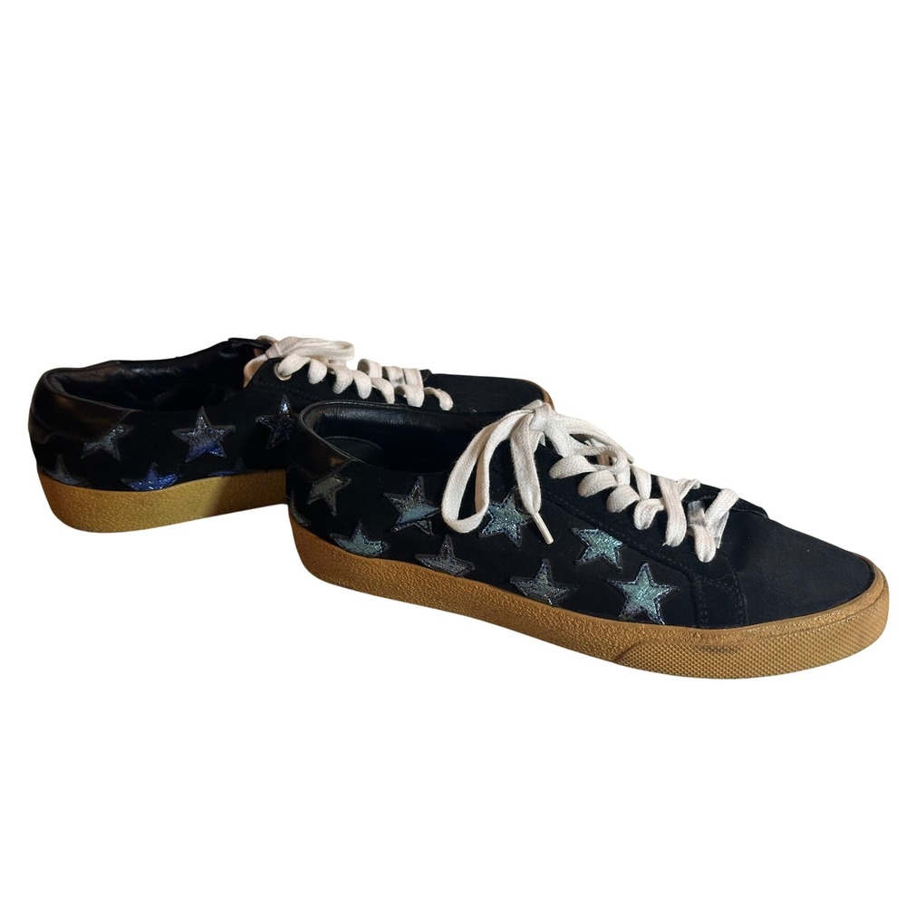 Saint Laurent Court Classic Star Sneakers Sz 6 Black Suede Blue Glitter Gum Sole